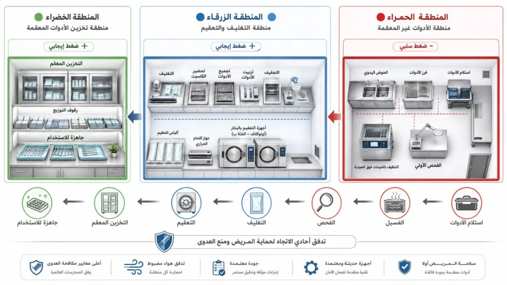 دورة تعقيم أدوات الأسنان عبر مناطق الضغط السلبي والإيجابي.