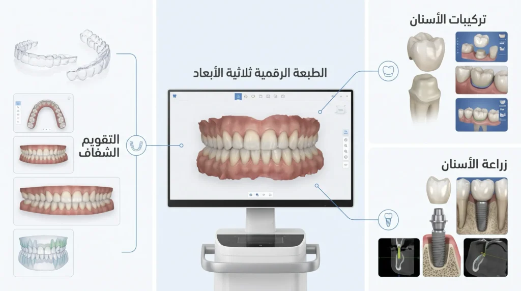 استخدامات الماسح الضوئي في التقويم الشفاف، تركيبات الأسنان، والزراعة.