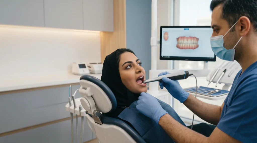 خدمات طب الأسنان التجميلي للحصول على ابتسامة طبيعية في عيادات نخبة ألماس بالرياض.